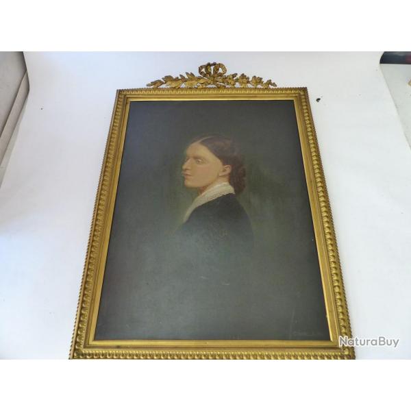Peinture portrait sur panneau XIXe sicle cadre laiton