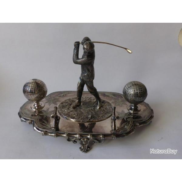 Encrier porte plume golf Art nouveau mtal argent