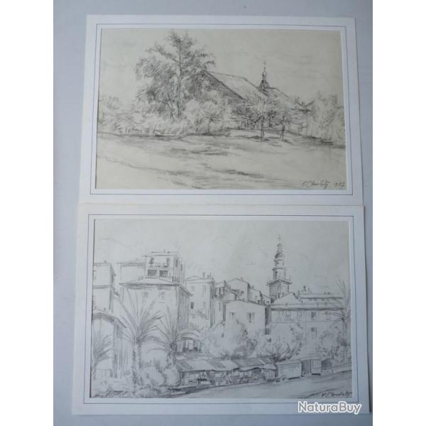 Deux dessins originaux au crayon F. Charlety