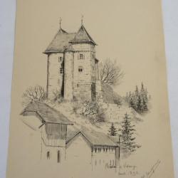 Dessin à l'encre  Château de Valangin  1892 Neuchâtel Suisse