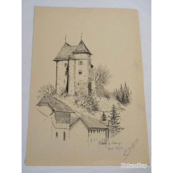 Dessin  l'encre  Chteau de Valangin  1892 Neuchtel Suisse