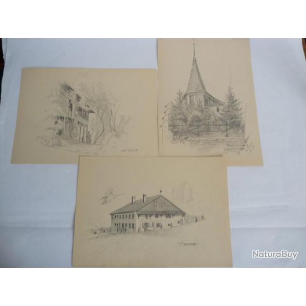 Dessins (3) au crayon Thoune Suisse 1893-94