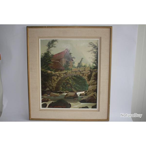 Tableau peinture Walter R. 1946 Vieux pont sur Le Guiers Savoie Isre
