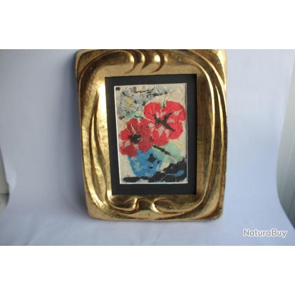 Tableau peinture collage papier chiffon Fleurs sign AS 1999
