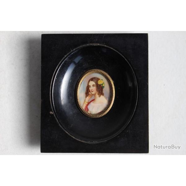 Ancienne Peinture miniature portrait Jeune Dame tableaux antiquits