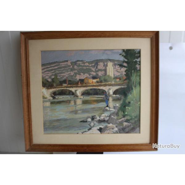 Peinture  l'huile Pcheur au bord de l'eau E. HERMES 1949