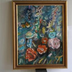 Peinture à l'huile Rose CHARREY Fleurs 1992
