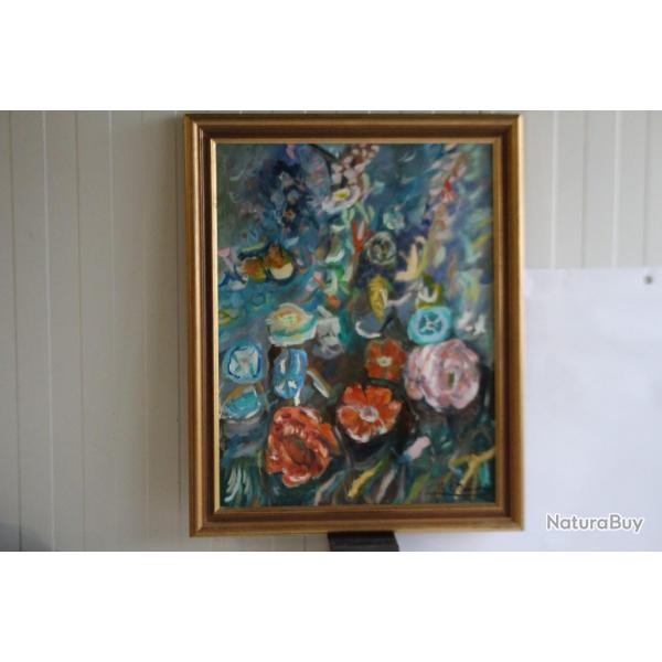 Peinture  l'huile Rose CHARREY Fleurs 1992