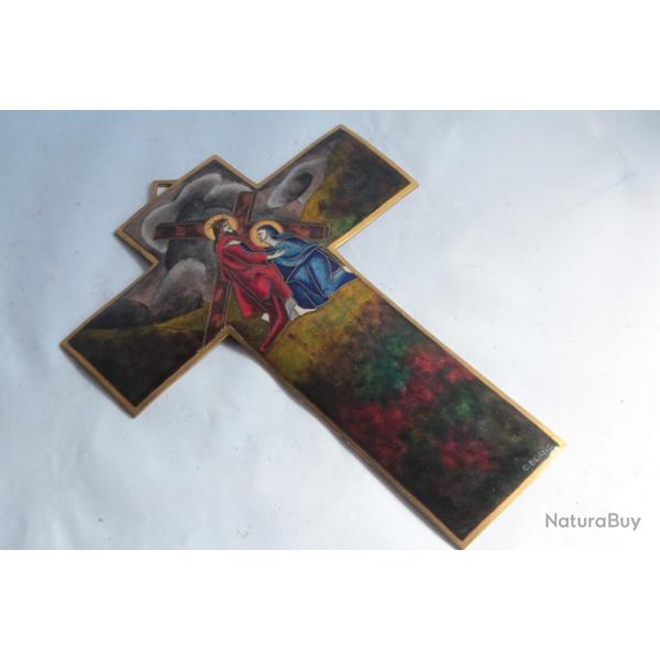 Croix Peinture maux sur cuivre C. BLANC Christ et Vierge Marie