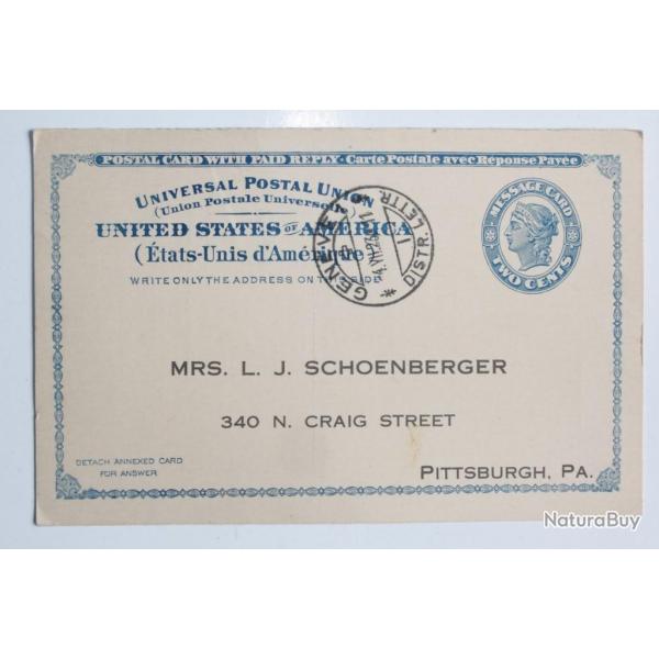 CPA Entier Postal Amrique avec rponse paye 1923