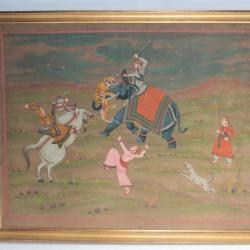 Peinture sur soie Chasse aux tigres Inde