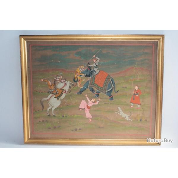 Peinture sur soie Chasse aux tigres Inde