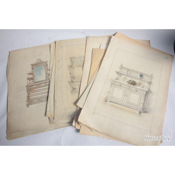 Dessins originaux d'ameublement SCHMIT & Cie Paris Meubles