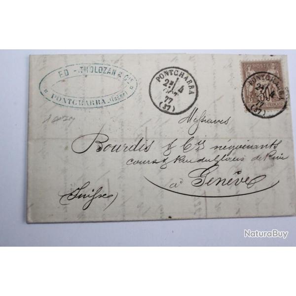 Timbre France sur marque postale type sage 1er mission 30 cts 1877