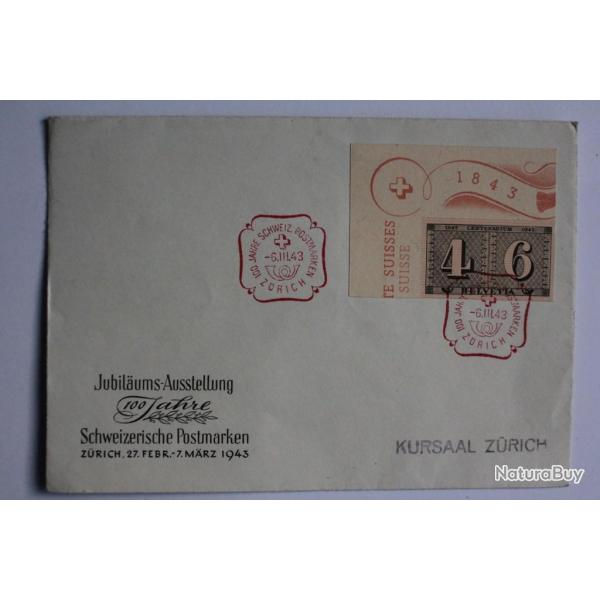 Timbres sur enveloppe centenaire du timbre Suisse PJ 1943