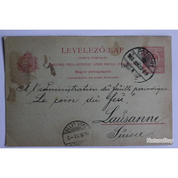 Entier postal Hongrie 1922 cachet pozsony