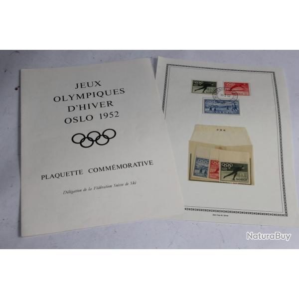 Plaquette commmorative Jeux Olympiques d'hiver Oslo 1952 Timbres
