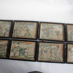 Broderie sur soie série 8 tableaux Don Quichotte XIXe siècle