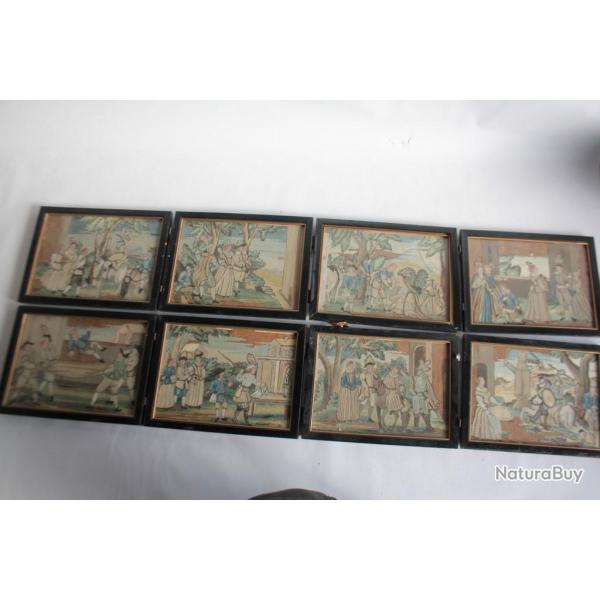 Broderie sur soie srie 8 tableaux Don Quichotte XIXe sicle