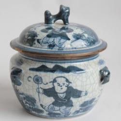 Pot couvert céramique craquelée bleu blanc Chine