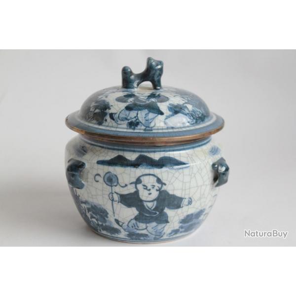 Pot couvert cramique craquele bleu blanc Chine