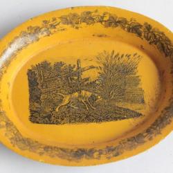 Petit plateau tôle lithographie Chien de chasse XIXe siècle