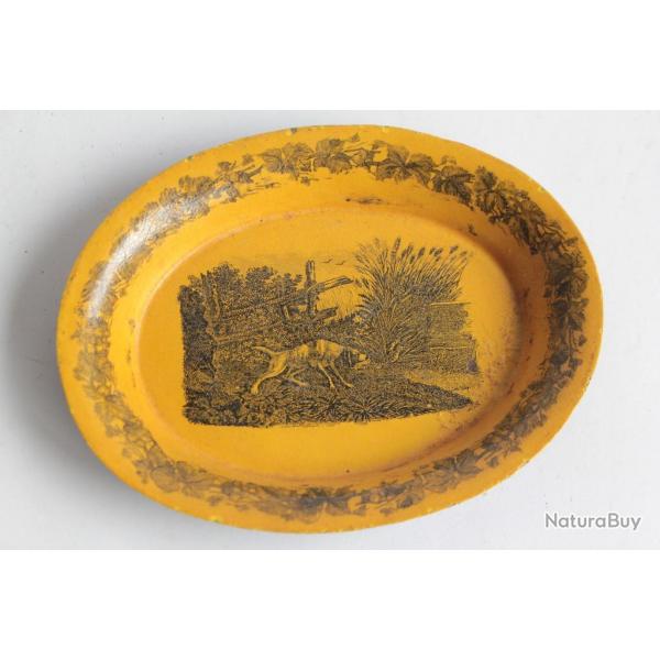 Petit plateau tle lithographie Chien de chasse XIXe sicle