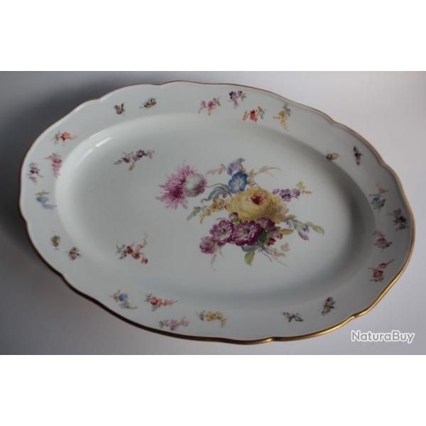MEISSEN Plat porcelaine Fleurs Papillons XIXe sicle