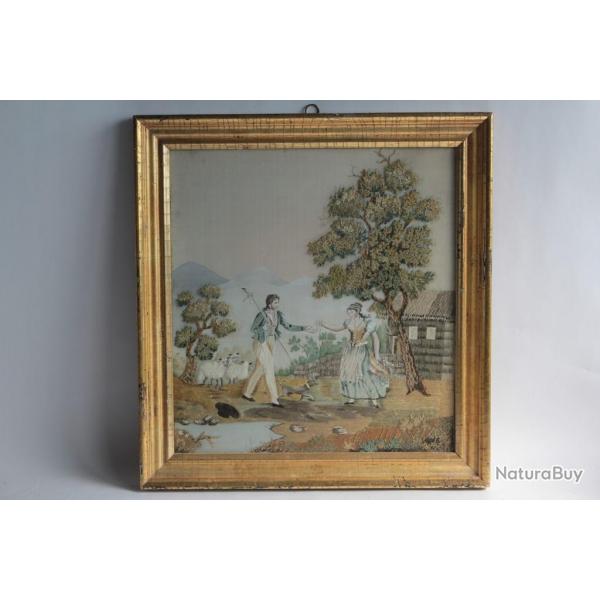 Tableau Broderie chenille peinture soie XIXe sicle
