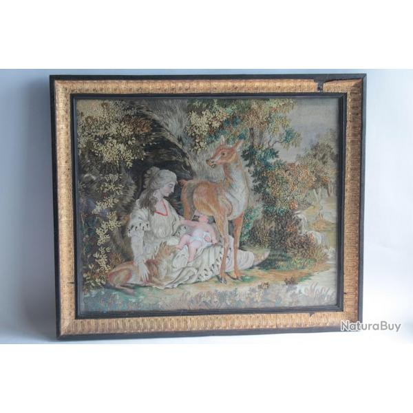 Tableau Broderie chenille peinture soie XIXe sicle