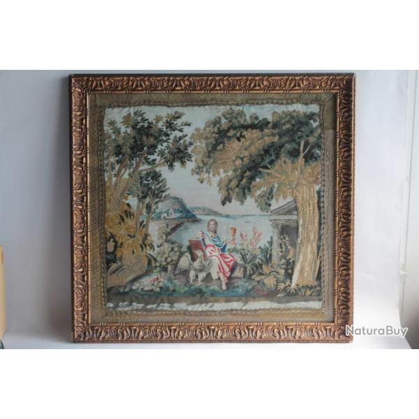Tableau Broderie chenille peinture soie Hoeth Lyon XIXe sicle