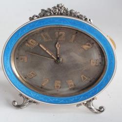 Pendulette Réveil argent émail guilloché Hase Genève Art déco