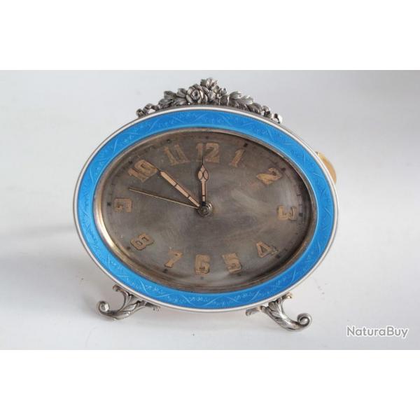 Pendulette Rveil argent mail guilloch Hase Genve Art dco