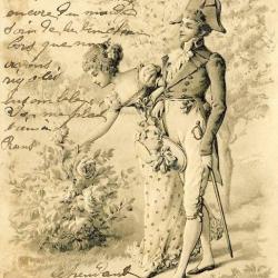 CPA illustrée en relief  Couple promenade dans jardin de fleurs 1907