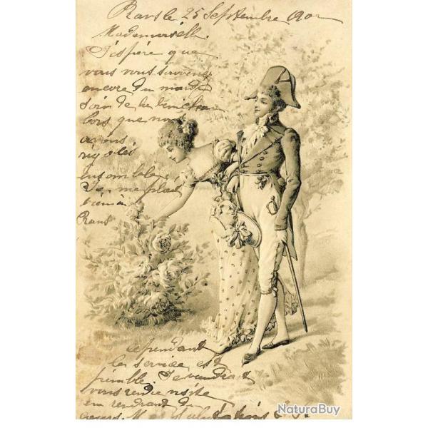 CPA illustre en relief  Couple promenade dans jardin de fleurs 1907