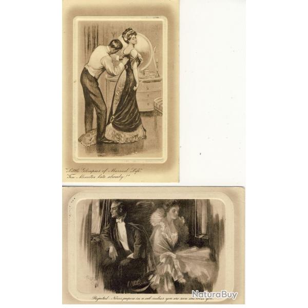 2 CPA illustre Couple amour mariage married love cadre en relief