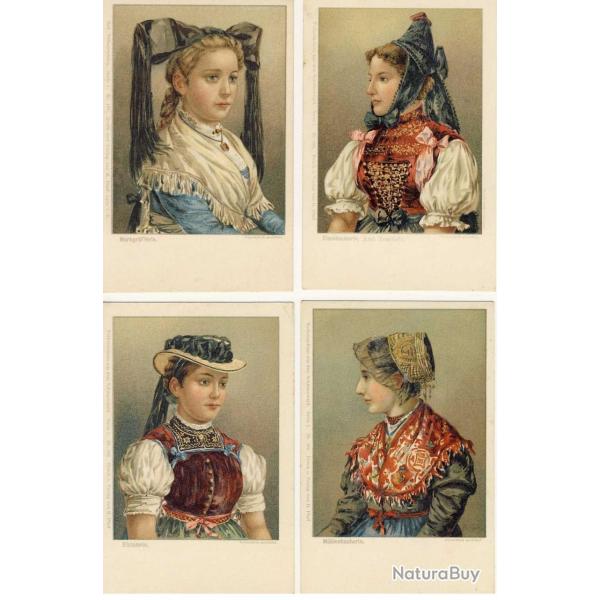 4 CPA illustre Folklore Costume allemand deutch Jeune femme