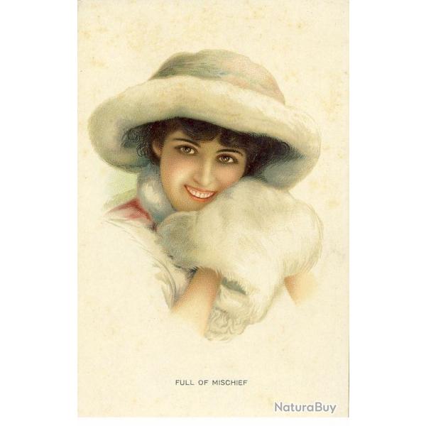 CPA illustre Femme Mode Sourire Anglais England Full of Mischief