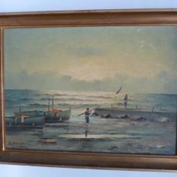 Peinture à l'huile sur panneau Bord de Mer Marine Bateaux