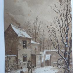 Lavis Maison Campagne Ferme XIXe siècle Dessin