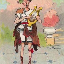 CPA illustrée Anglaise The Arcadians Joueur de harpe Humour