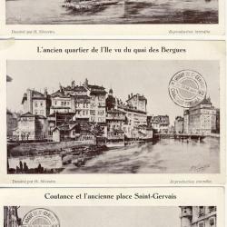 3 CPA illustrées H. SILVESTRE Vogue de St GERVAIS Cavalcade Tombola moulins