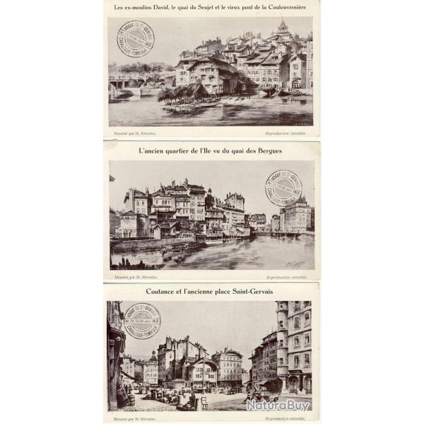 3 CPA illustres H. SILVESTRE Vogue de St GERVAIS Cavalcade Tombola moulins