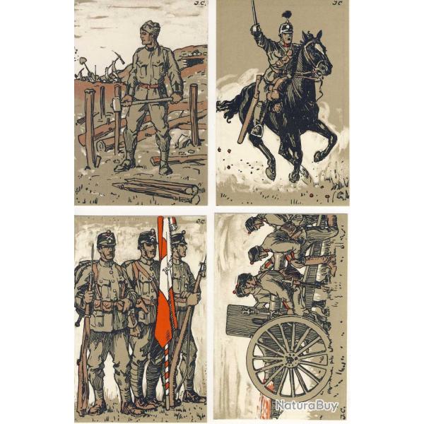 4 CPA militaires Lithographies originales J. Courvoisier Guerre Genve
