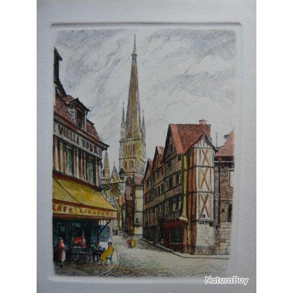 Ancienne Gravure Eau Forte Robin Rouen Rue picerie