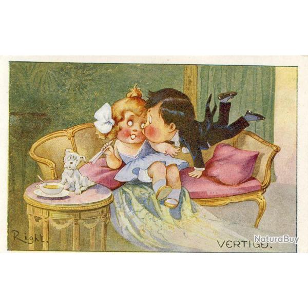 CPA illustre RIGHT Enfant Humour chien amour Vertigo