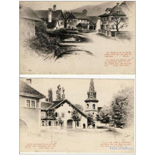 2 CPA illustre Ch. KERN Motiers et Glovellier  Suisse