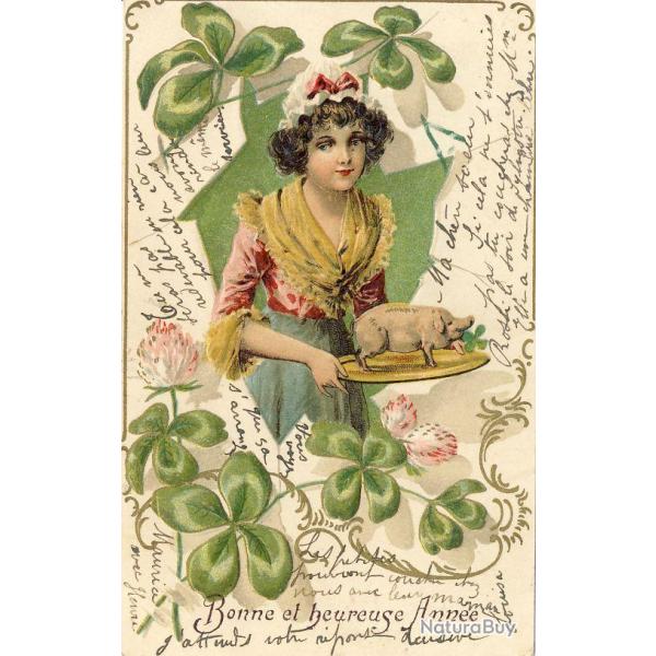 CPA Bonne et Heureuse Anne 1905 Femme cochon