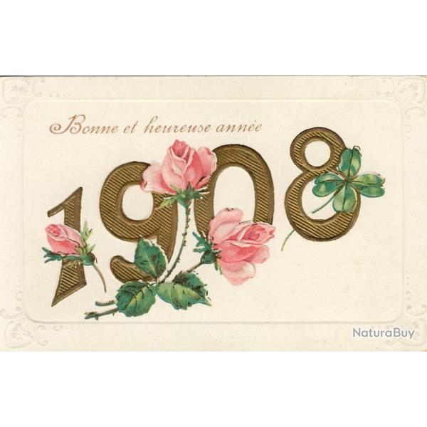 CPA Bonne Anne 1908 Fleurs roses Trfle Gaufre Relief