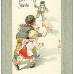 CPA Bonne Année illustrée en relief enfant cochon